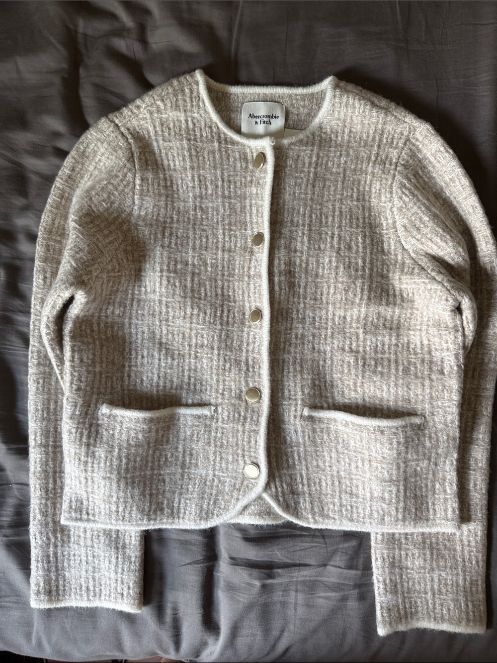 Abercrombie & Fitch Cream Textured Button-Up Pocket Cardigan